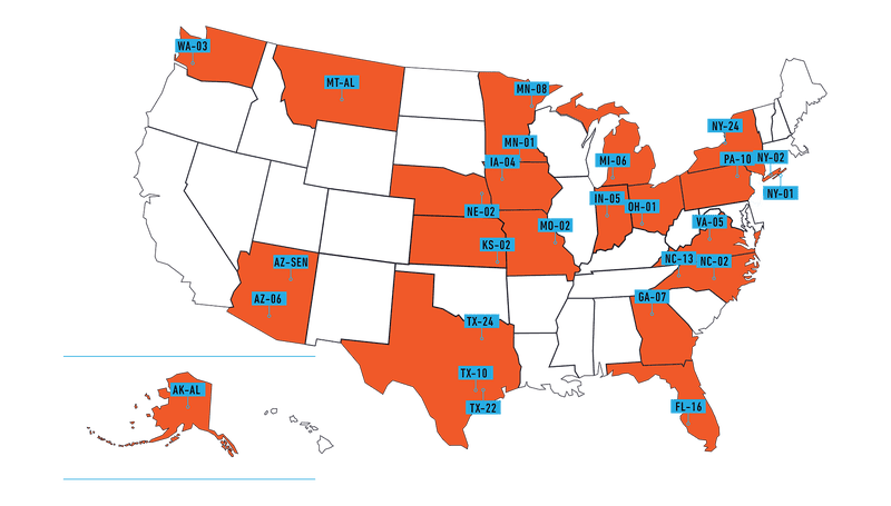 The 25 districts (and Arizona Senate seat) 314 Action has targeted for its 2020 campaign efforts.